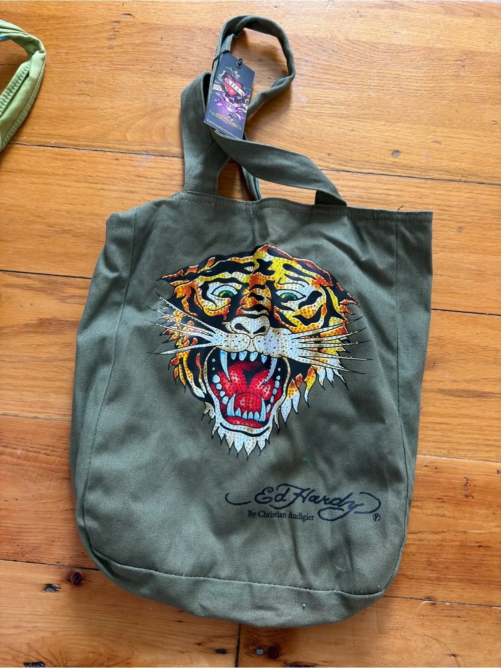 Ed Hardy Olive Green Canvas Tote with Colorful Tiger Motif